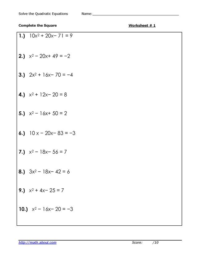 Solving Quadratic Equations Worksheet Image