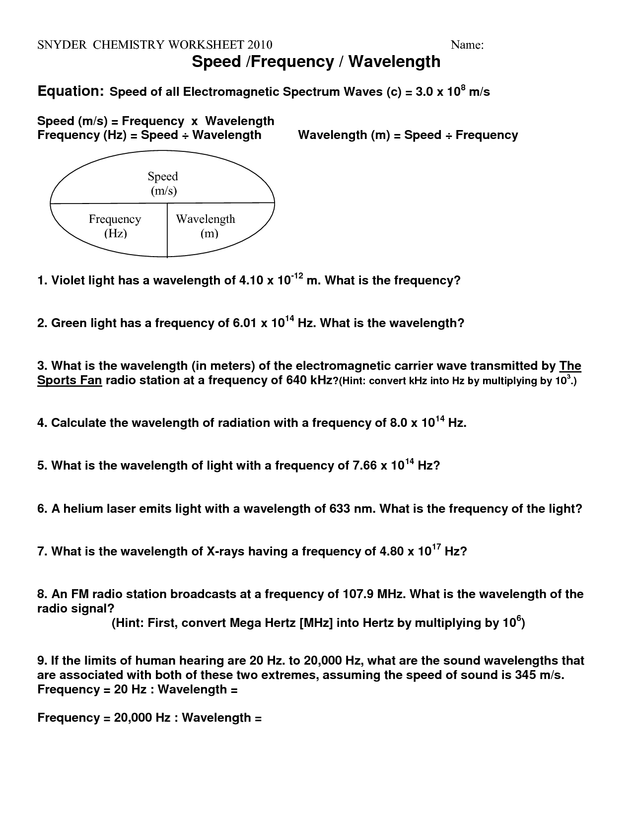 Snyders Chemistry Worksheet Energy Frequency Wavelength Answer