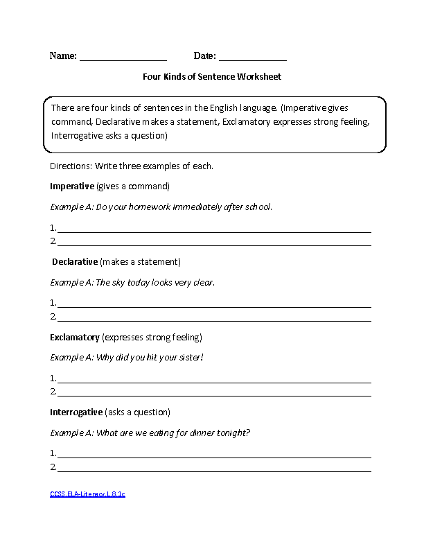 Types of Sentences Worksheet 8th Grade Image