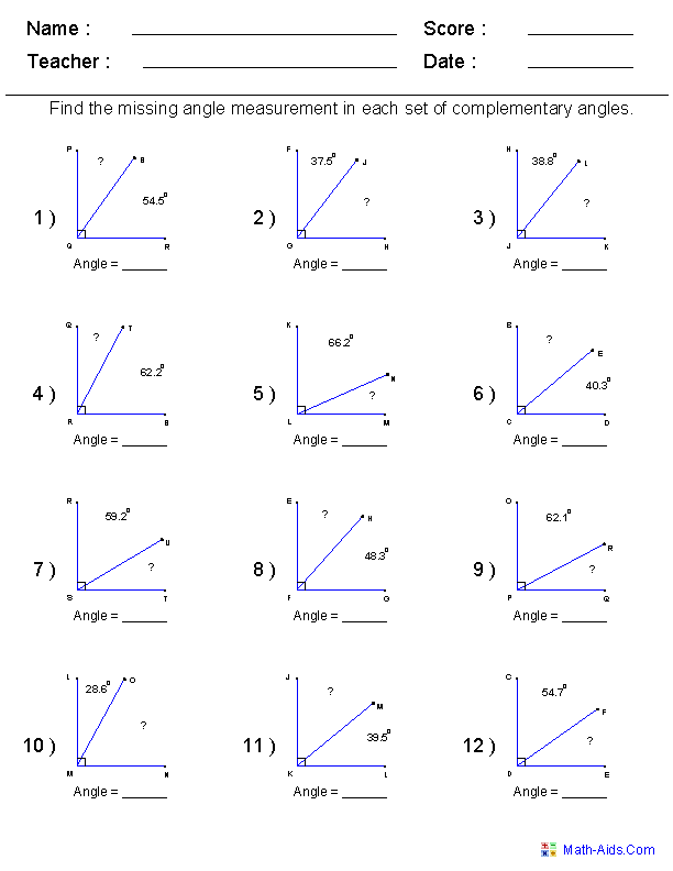 Vertical Supplementary Complementary Angles Worksheet Image