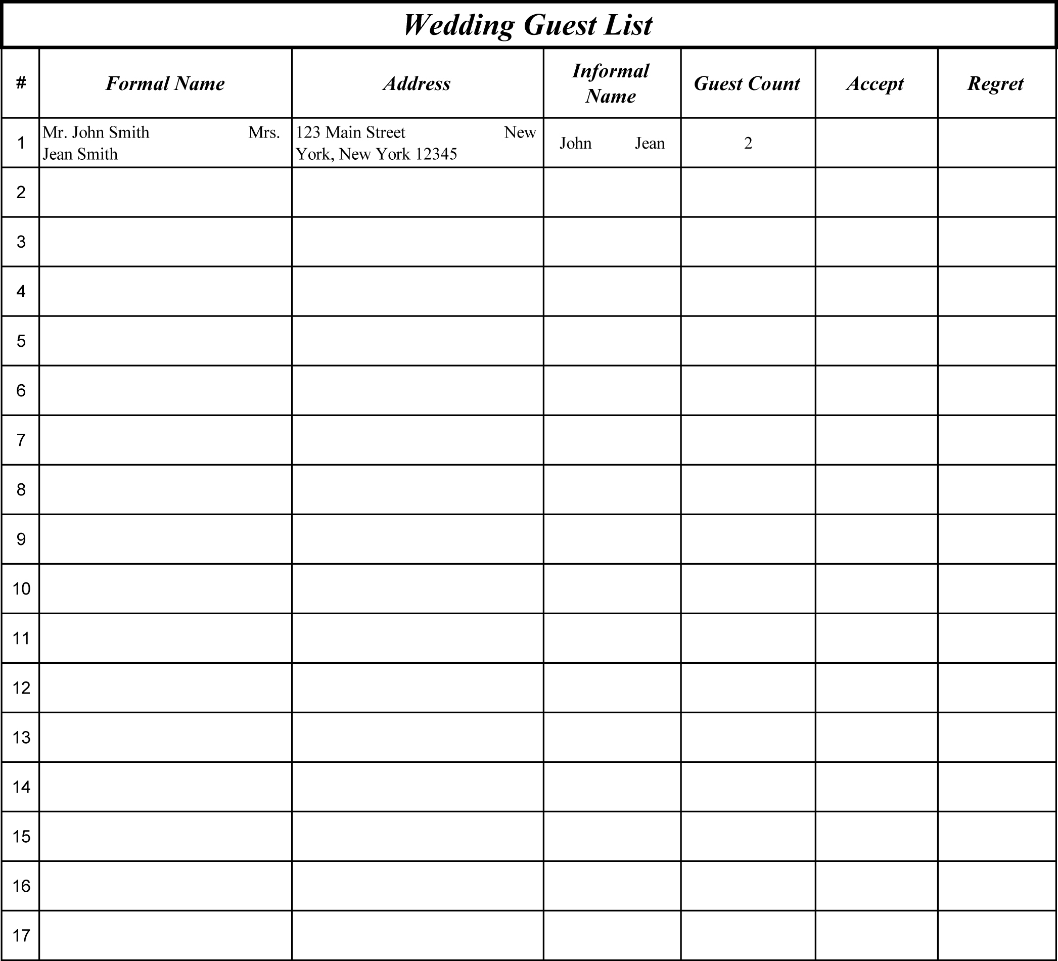 Free Printable Wedding Guest List Spreadsheet