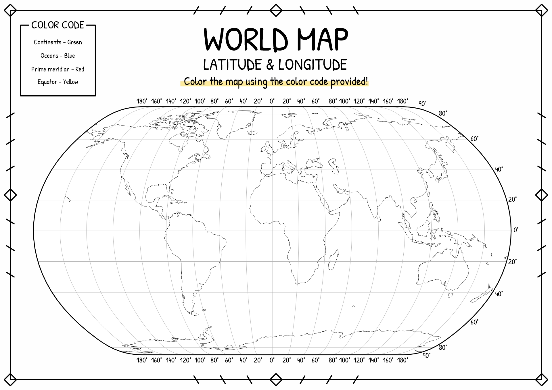 World Map with Latitude and Longitude Worksheet