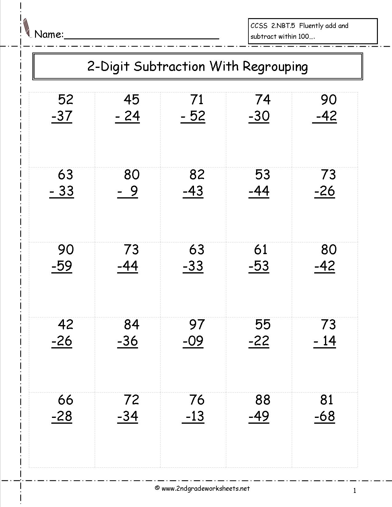 2-Digit Subtraction Worksheets 2nd Grade Image