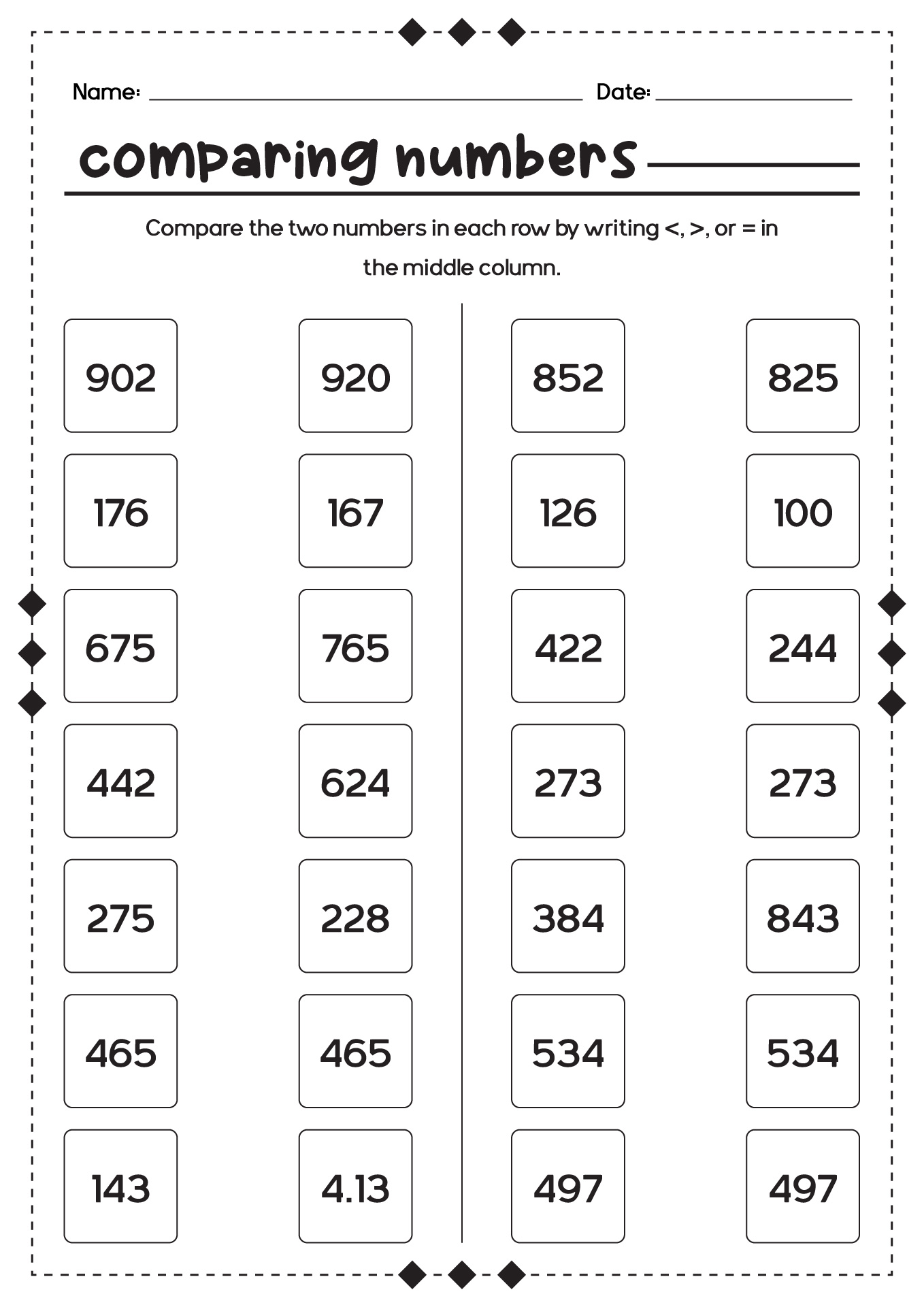 2nd Grade Comparing Numbers Worksheets