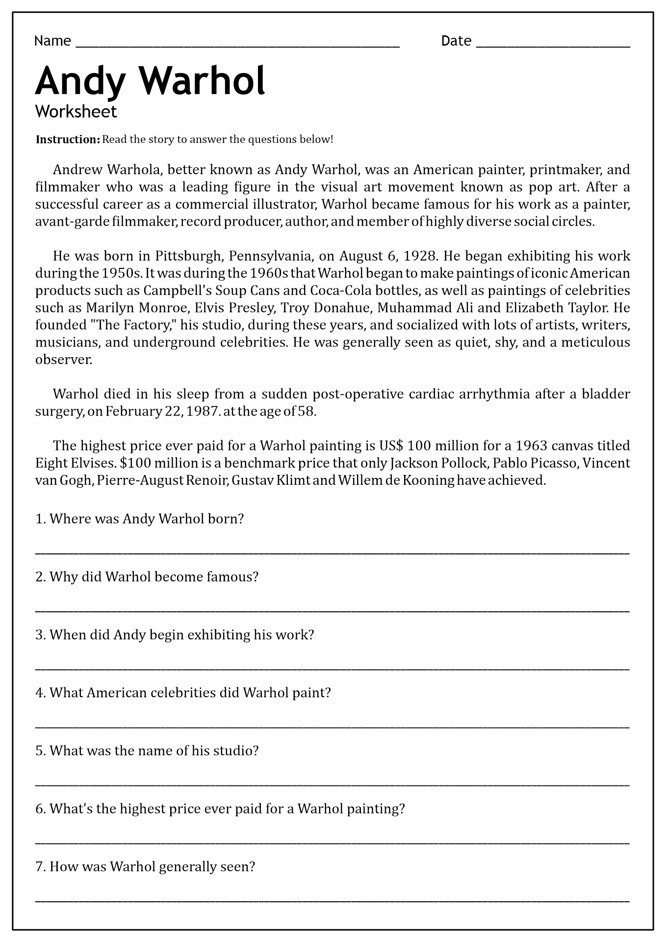 14 Pop Art Worksheet Free PDF At Worksheeto