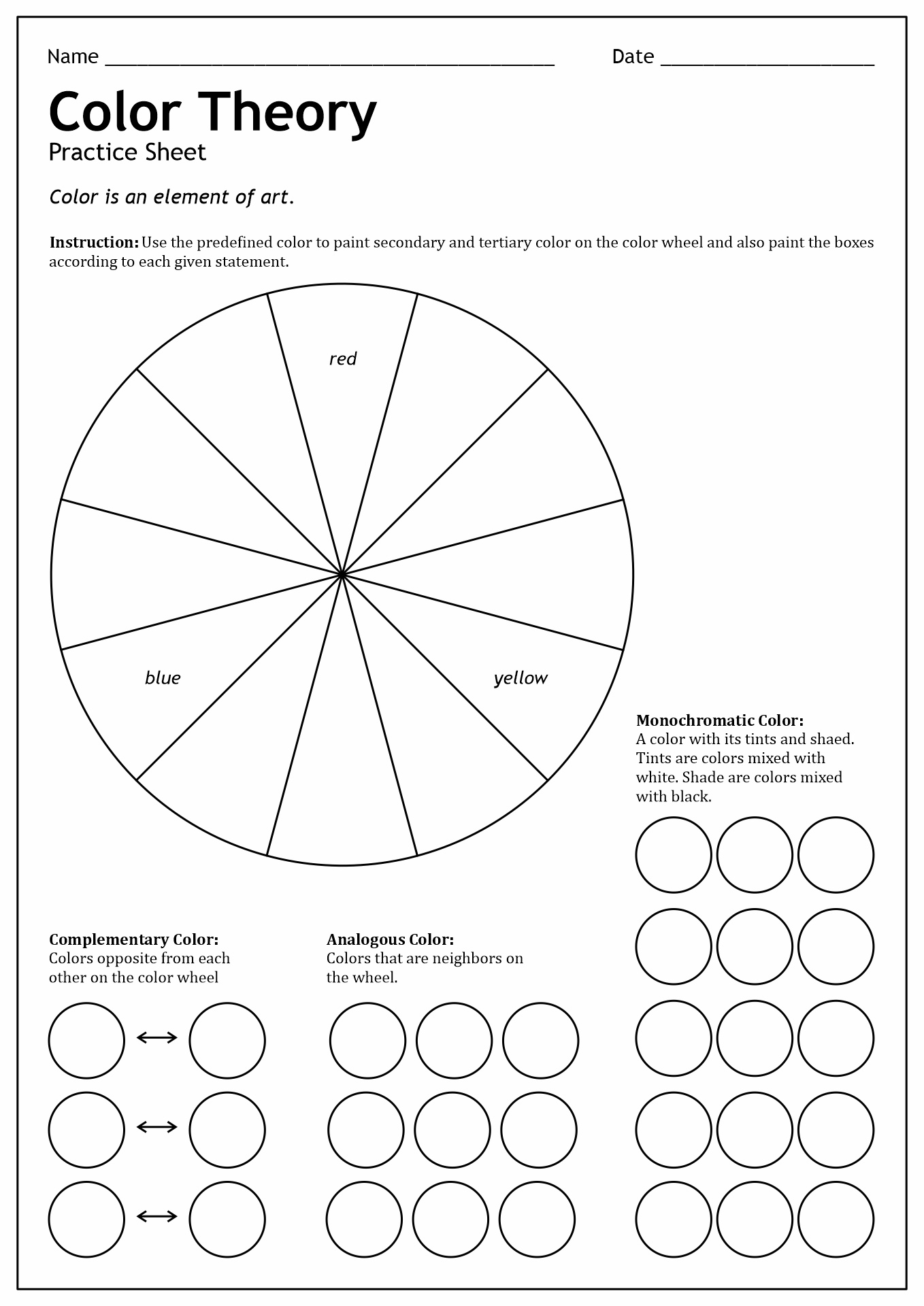 Color Theory Art Worksheets