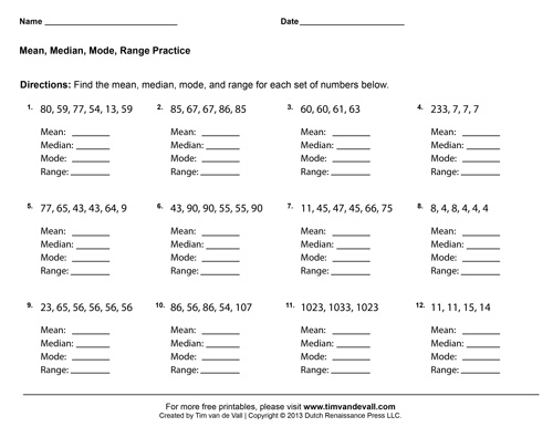 Mean Median & Mode Range Worksheets Image