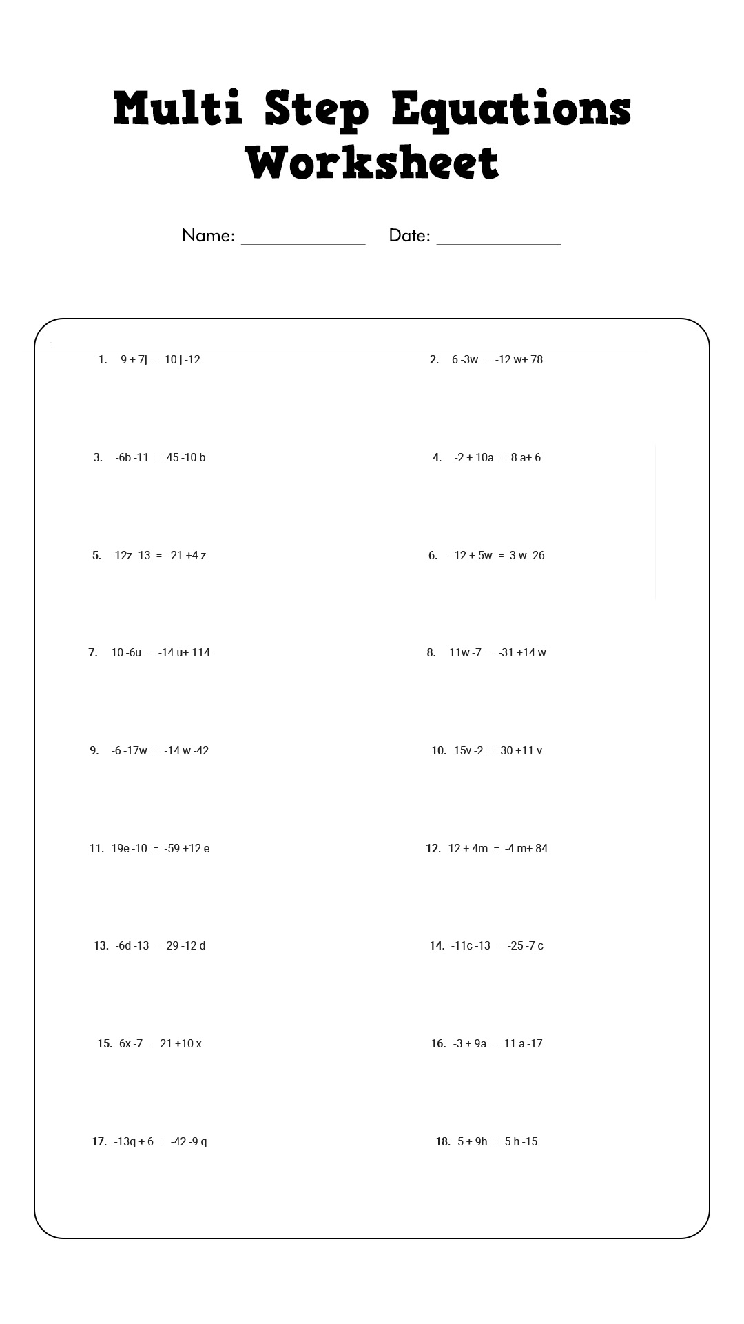 Multi-Step Equations Worksheet PDF Image