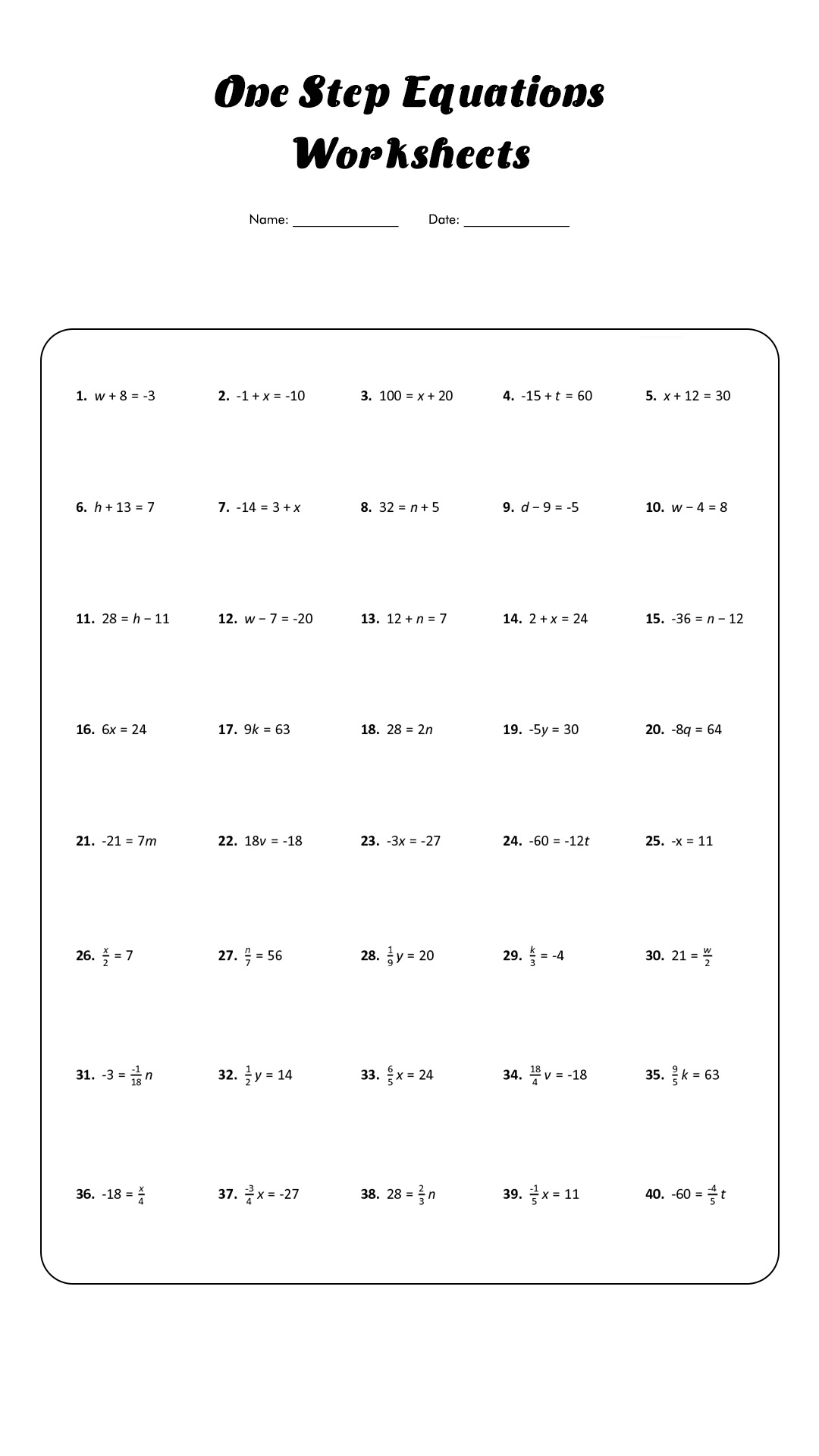 One Step Equations Worksheets Image