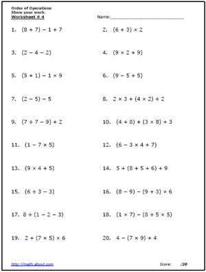 Order of Operations Worksheets with Answers Image