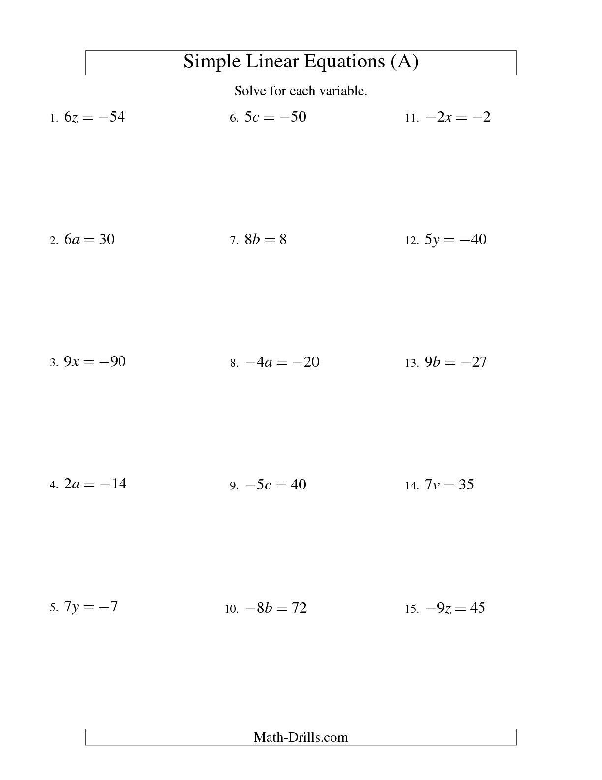Solving Linear Equations Worksheets