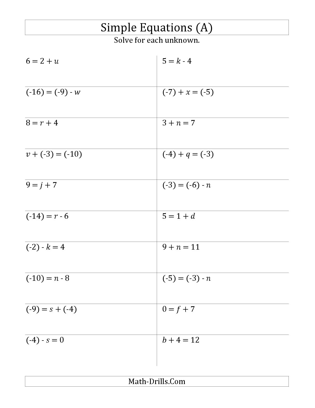 Solving One Step Equations Worksheets