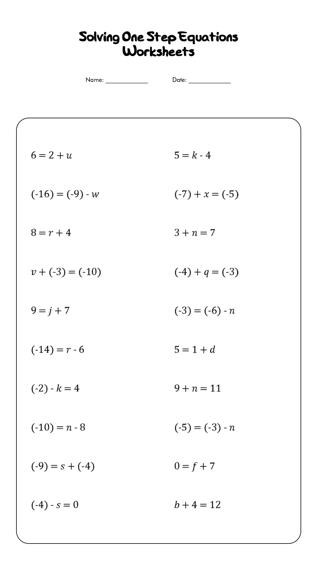 Solving One Step Equations Worksheets Image