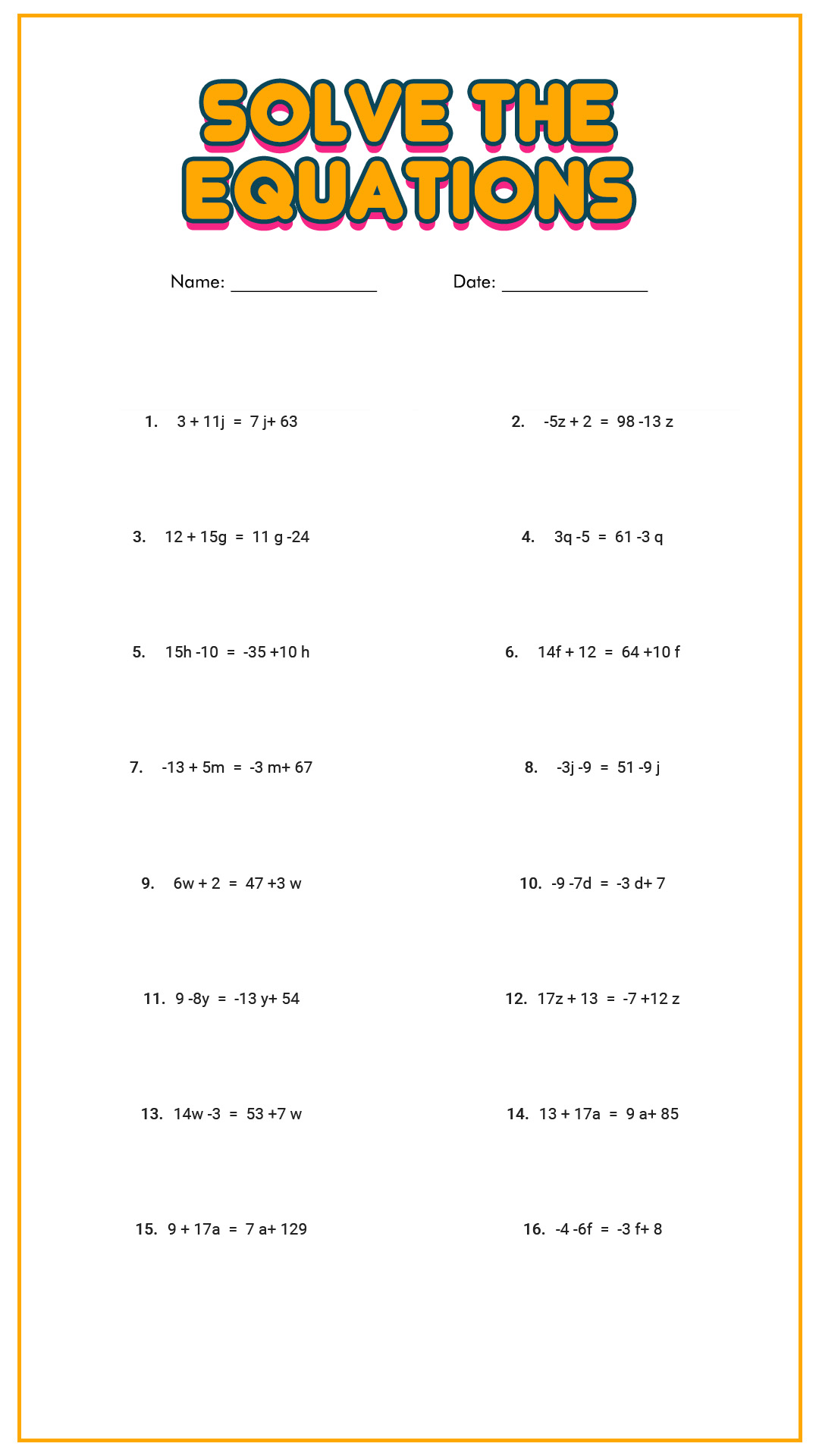 Solving Two-Step Equations Worksheet Image
