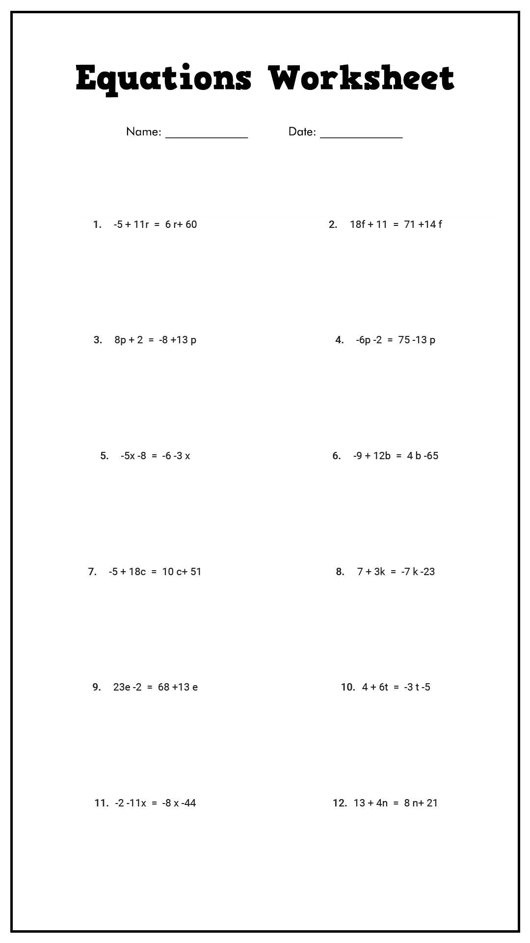 Two-Step Equations Worksheet Image