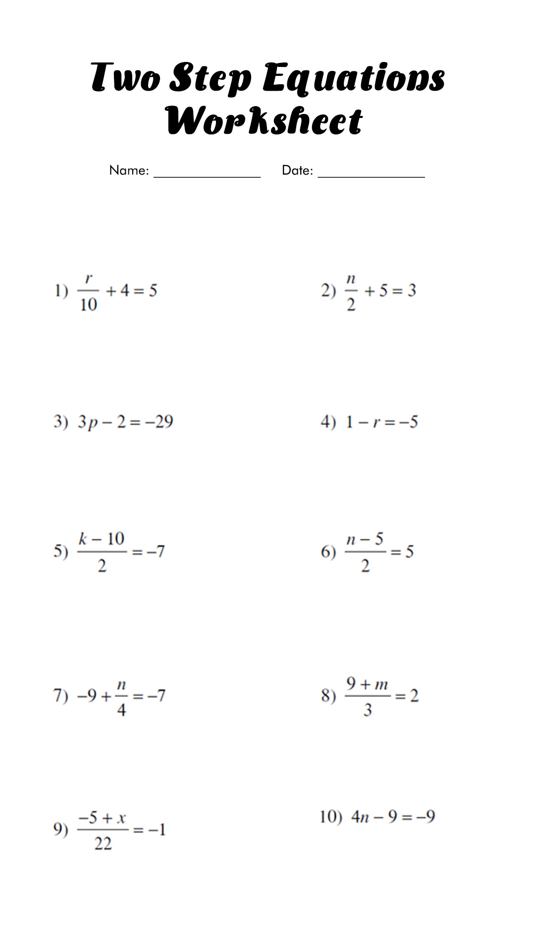 Two Step Problems Worksheet