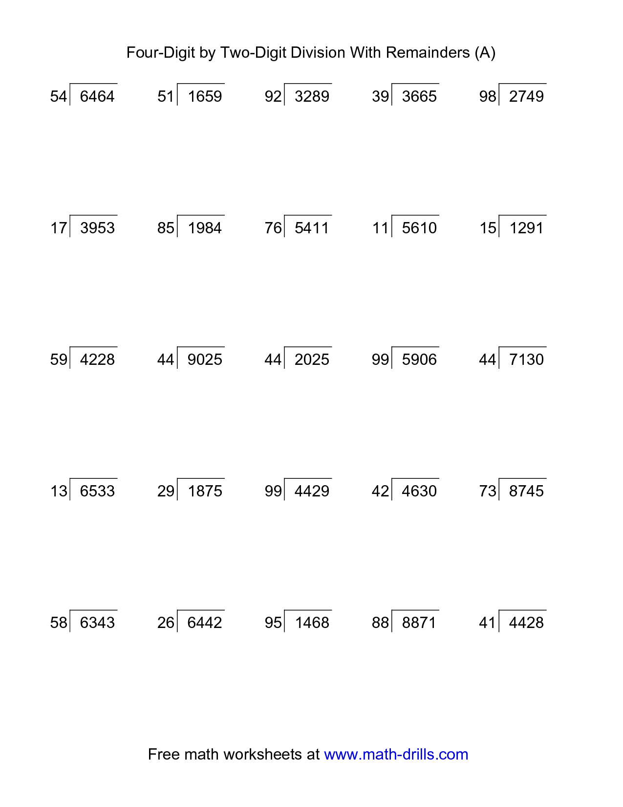 2-Digit Division with Remainders Worksheets