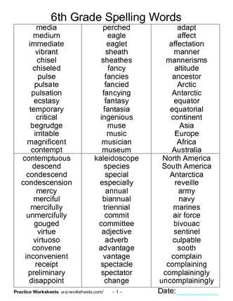 6th Grade Spelling Word Lists Image