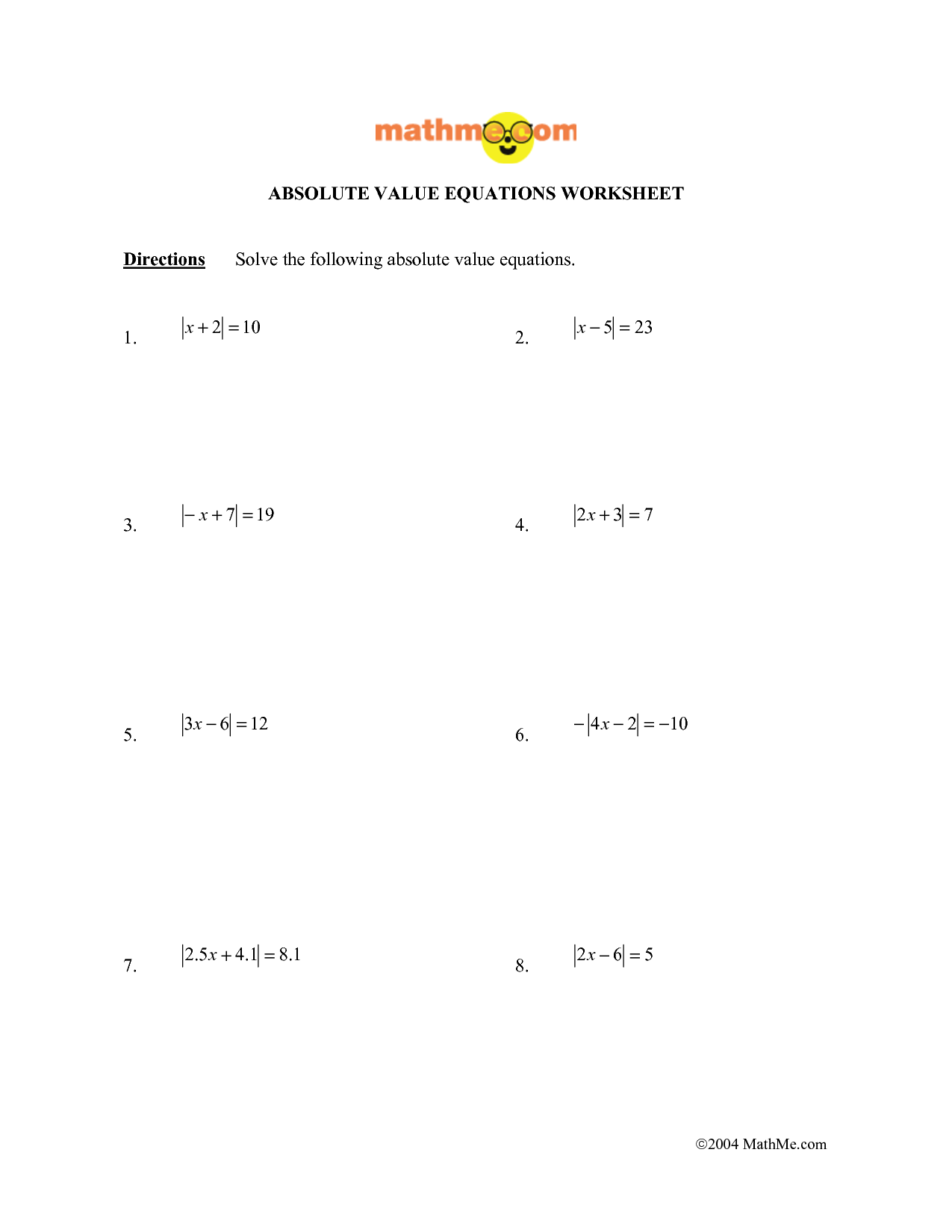 Absolute Value Equations Worksheet Image