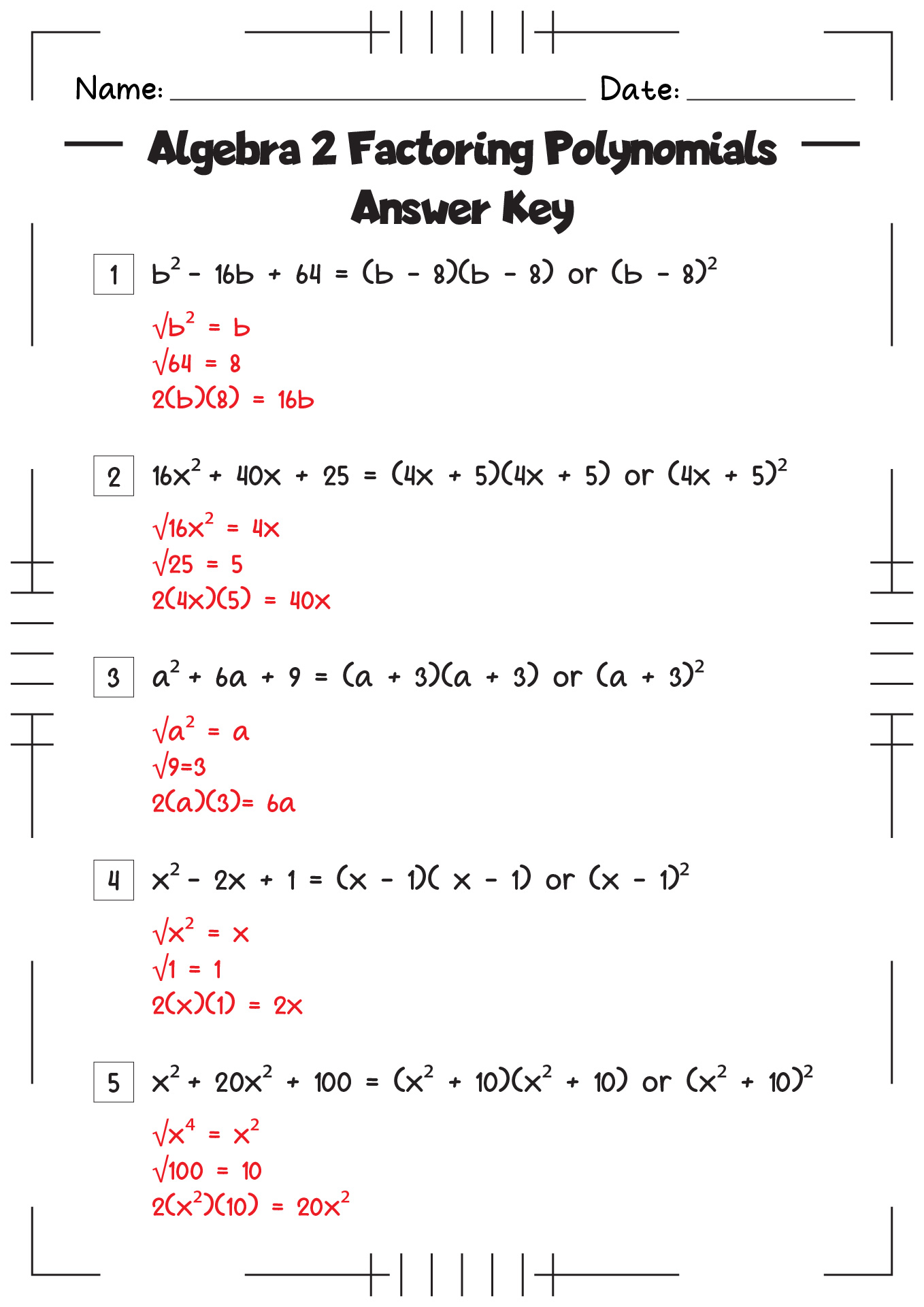 Algebra 2 Factoring Polynomials Worksheet with Answers