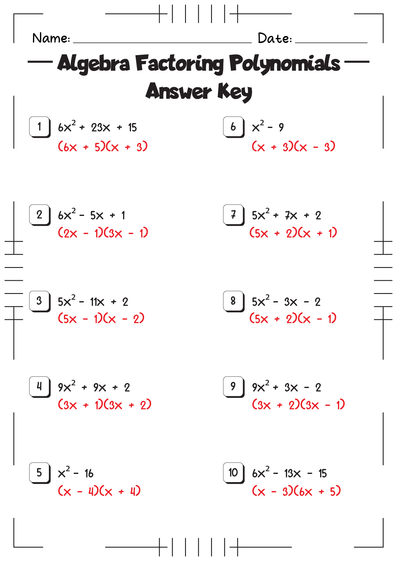 Algebra Factoring Polynomials Worksheets with Answers