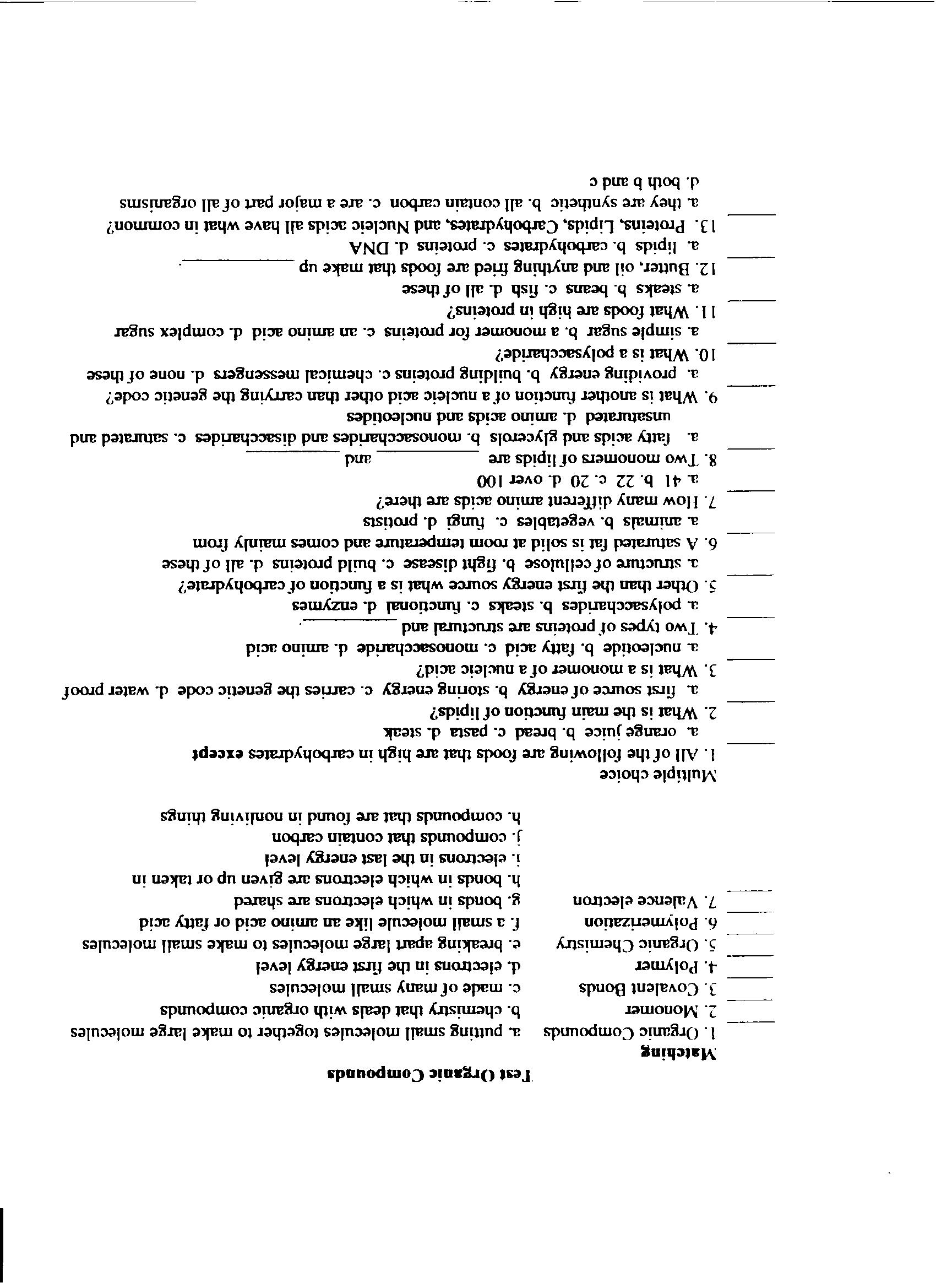 Biology Organic Compounds Worksheet