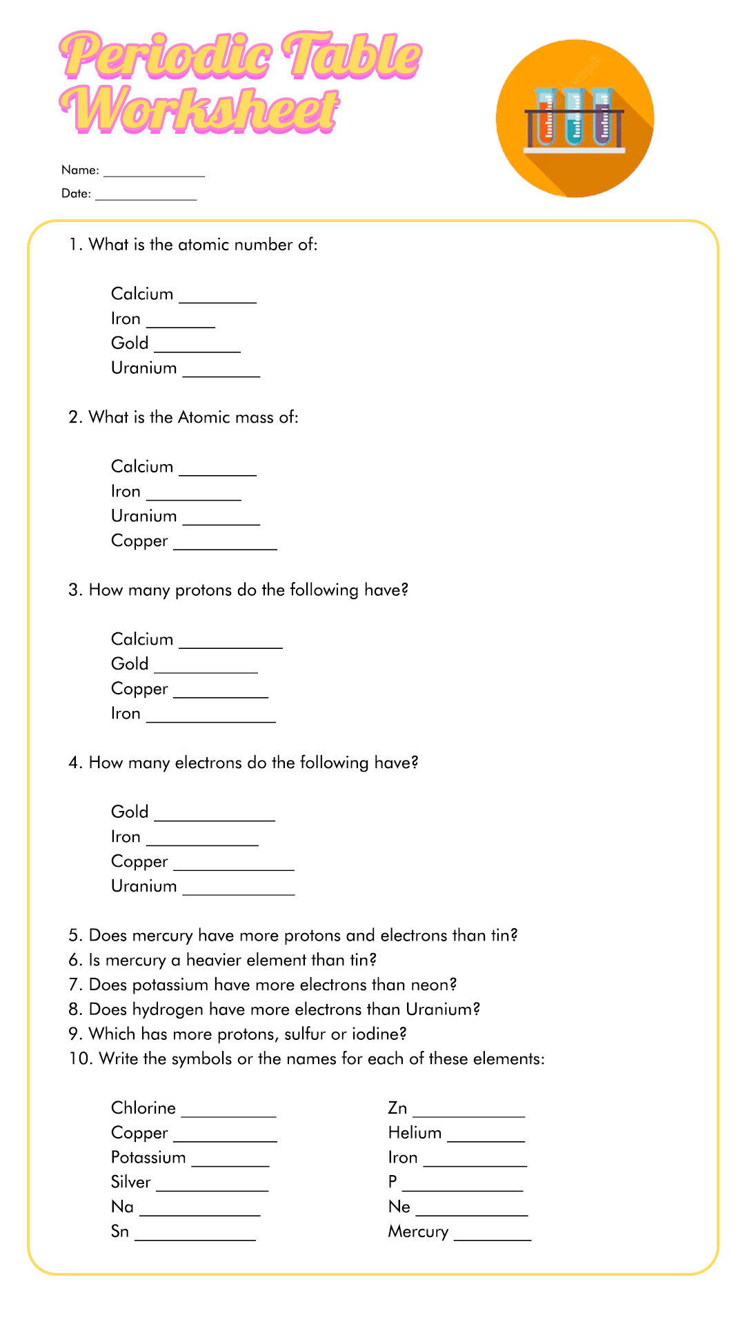 Chemistry Periodic Table Worksheet Answers