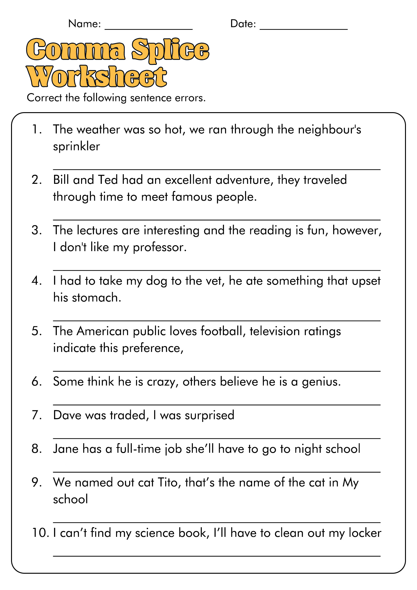 Comma Splice Practice Worksheet Answers Image