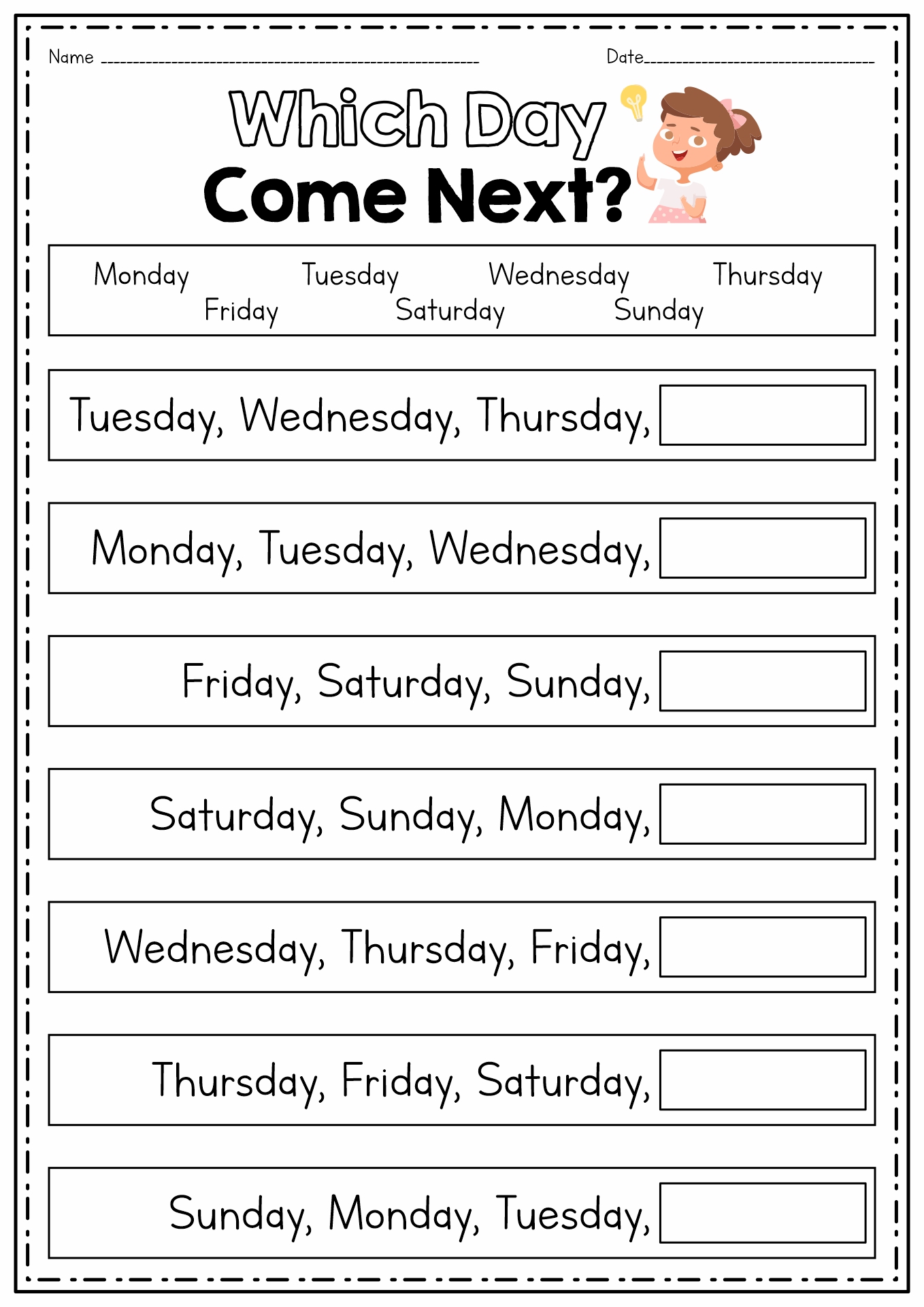 Days of the Week Worksheets First Grade