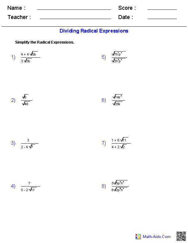 Dividing Radical Expressions Worksheets Image