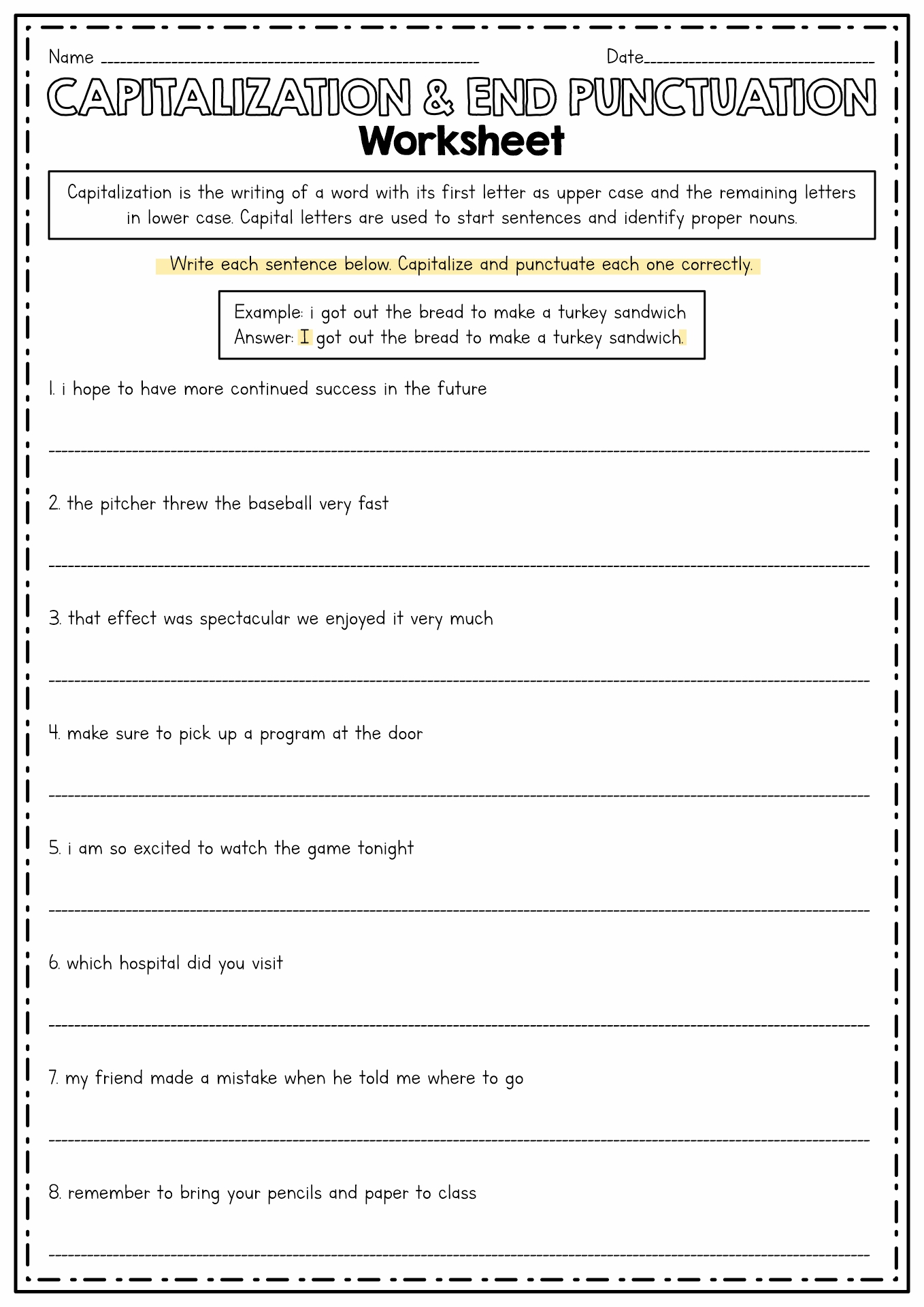 End Punctuation and Capitalization Worksheet