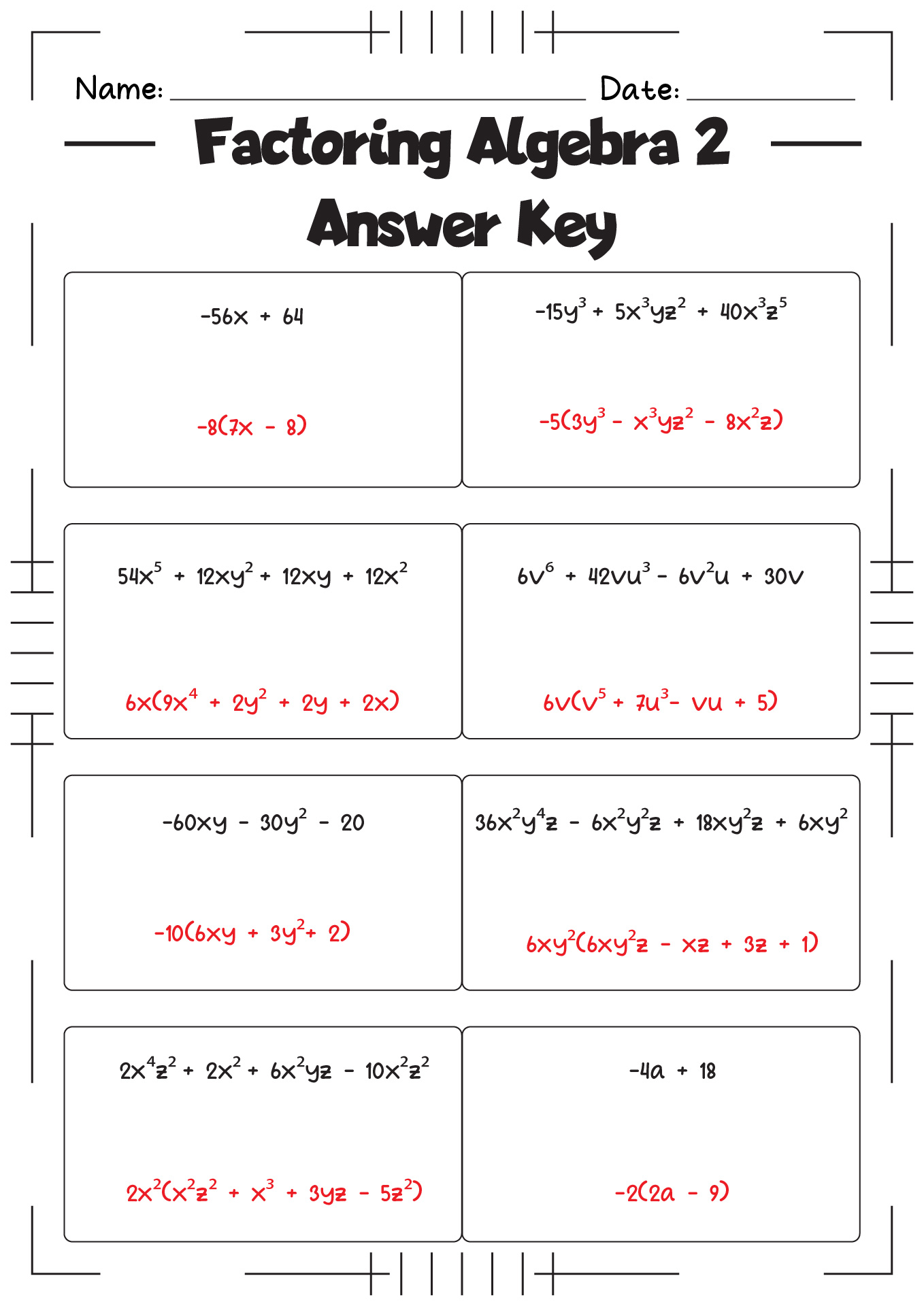 Factoring Worksheet Algebra 2 Answer Key
