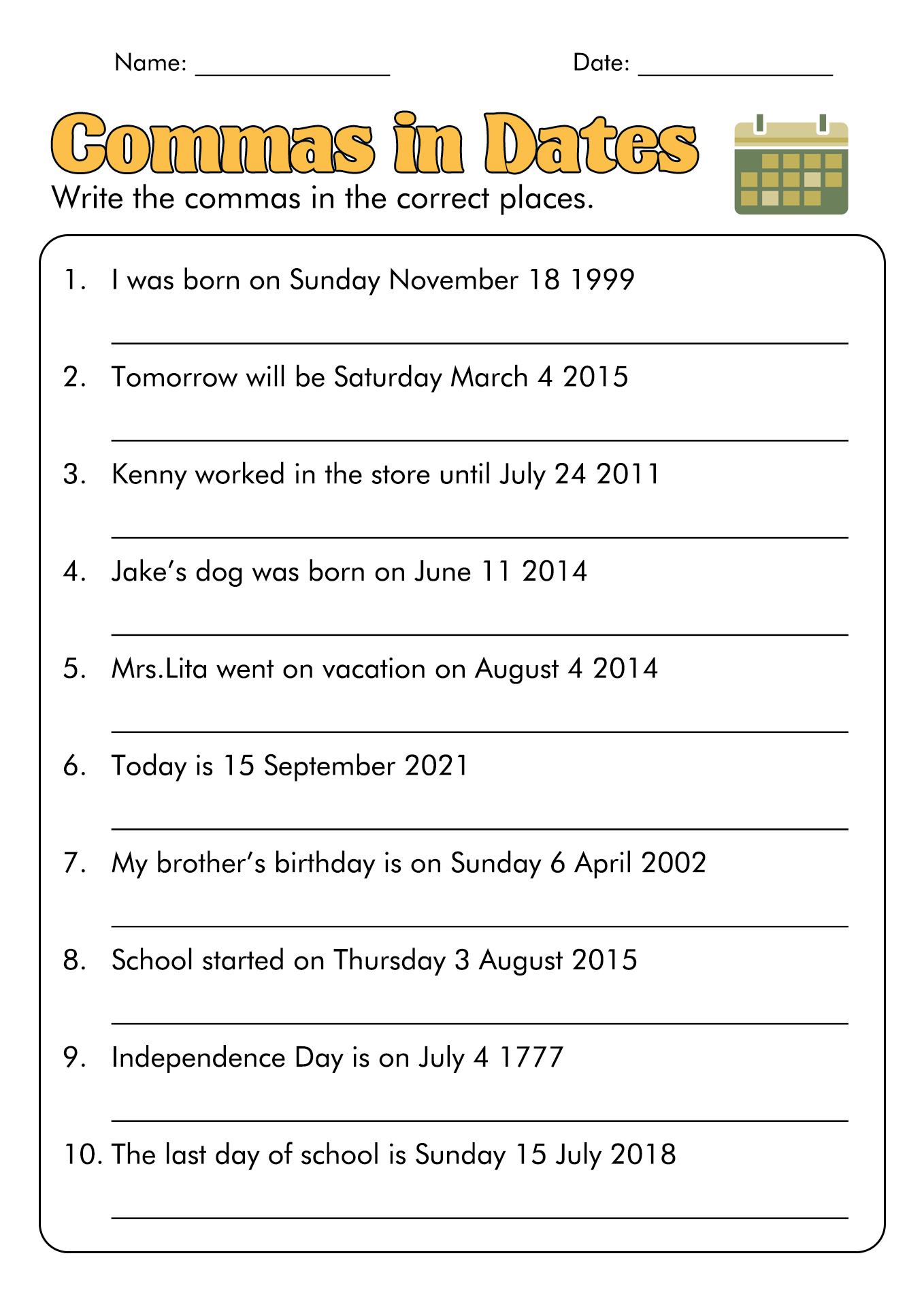 First Grade Worksheet Commas in Dates Image