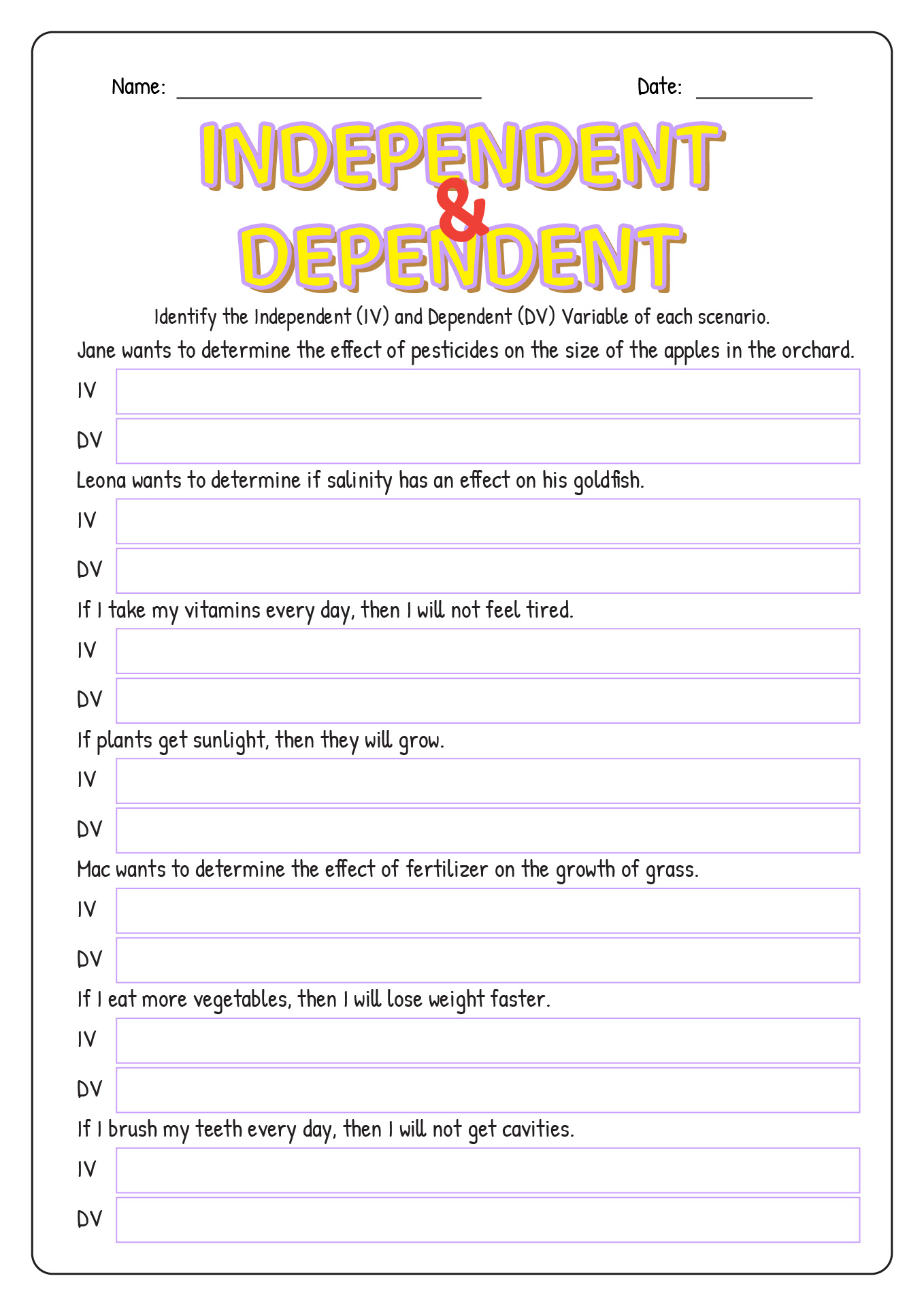 Independent and Dependent Variables Examples Worksheet