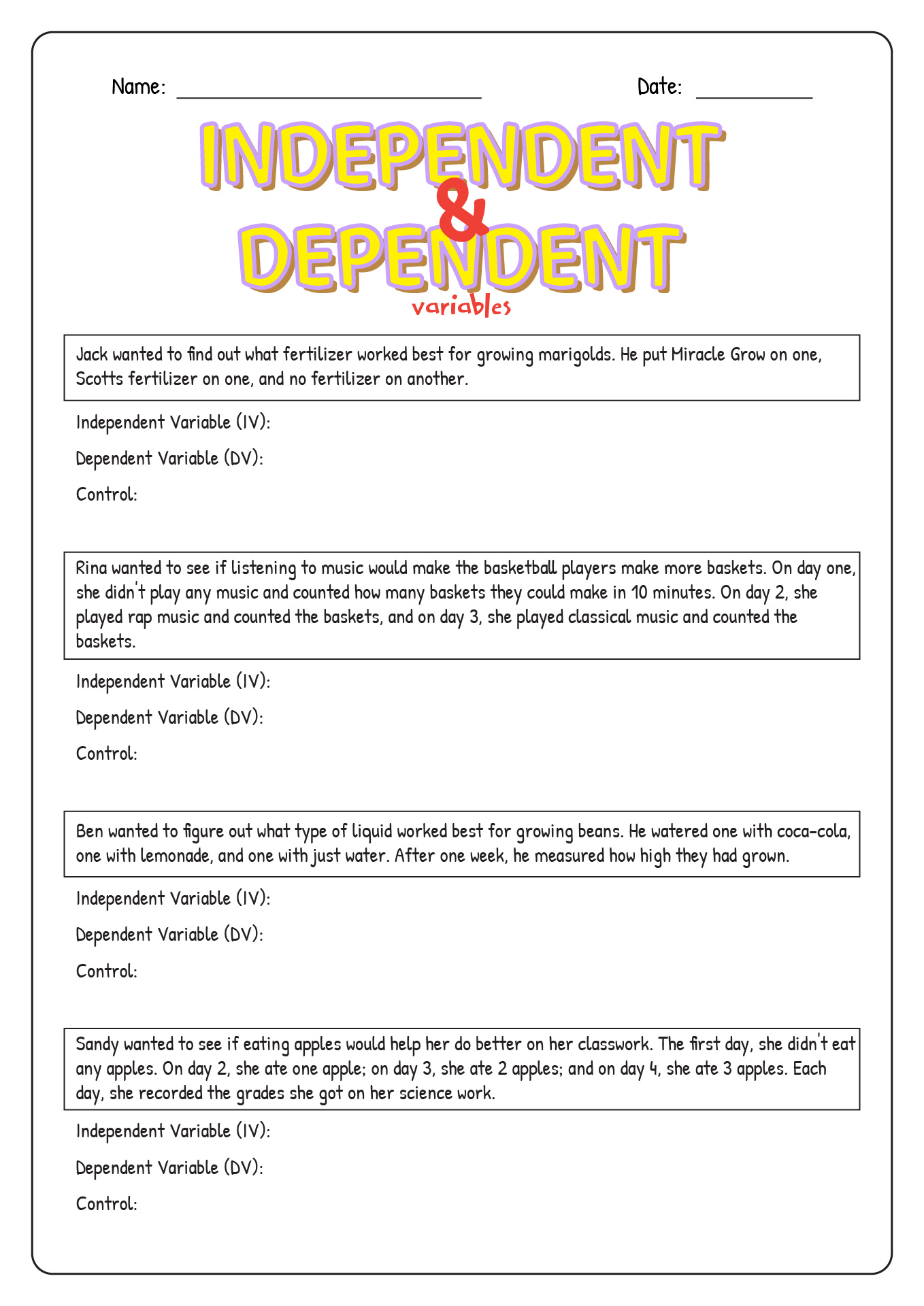Independent and Dependent Variables Worksheet Science
