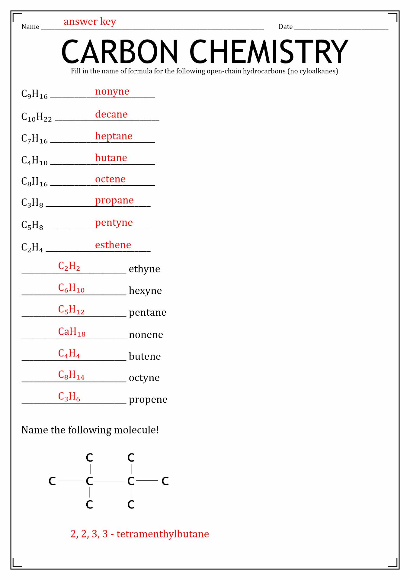 Organic Chemistry Nomenclature Worksheets with Answers Image