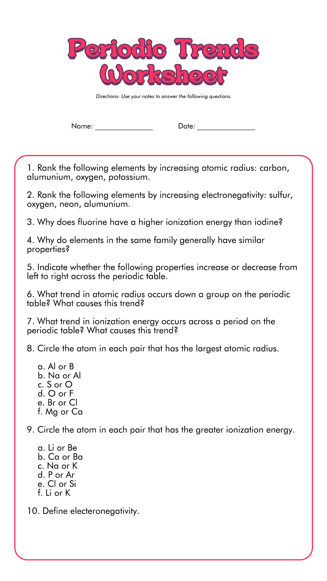 Periodic Table Trends Worksheet Answer Key Image