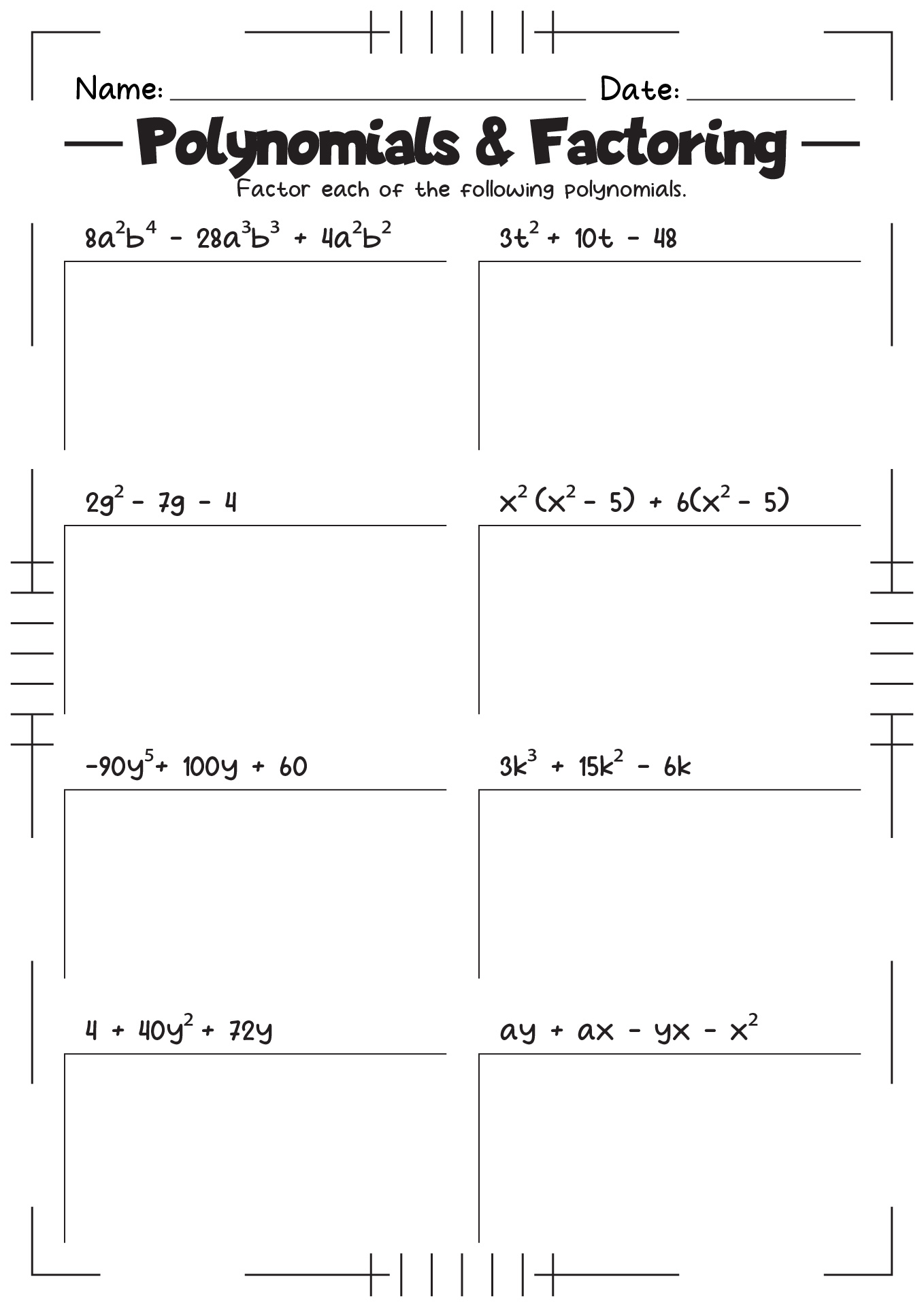 Polynomials and Factoring Practice Worksheet Answers