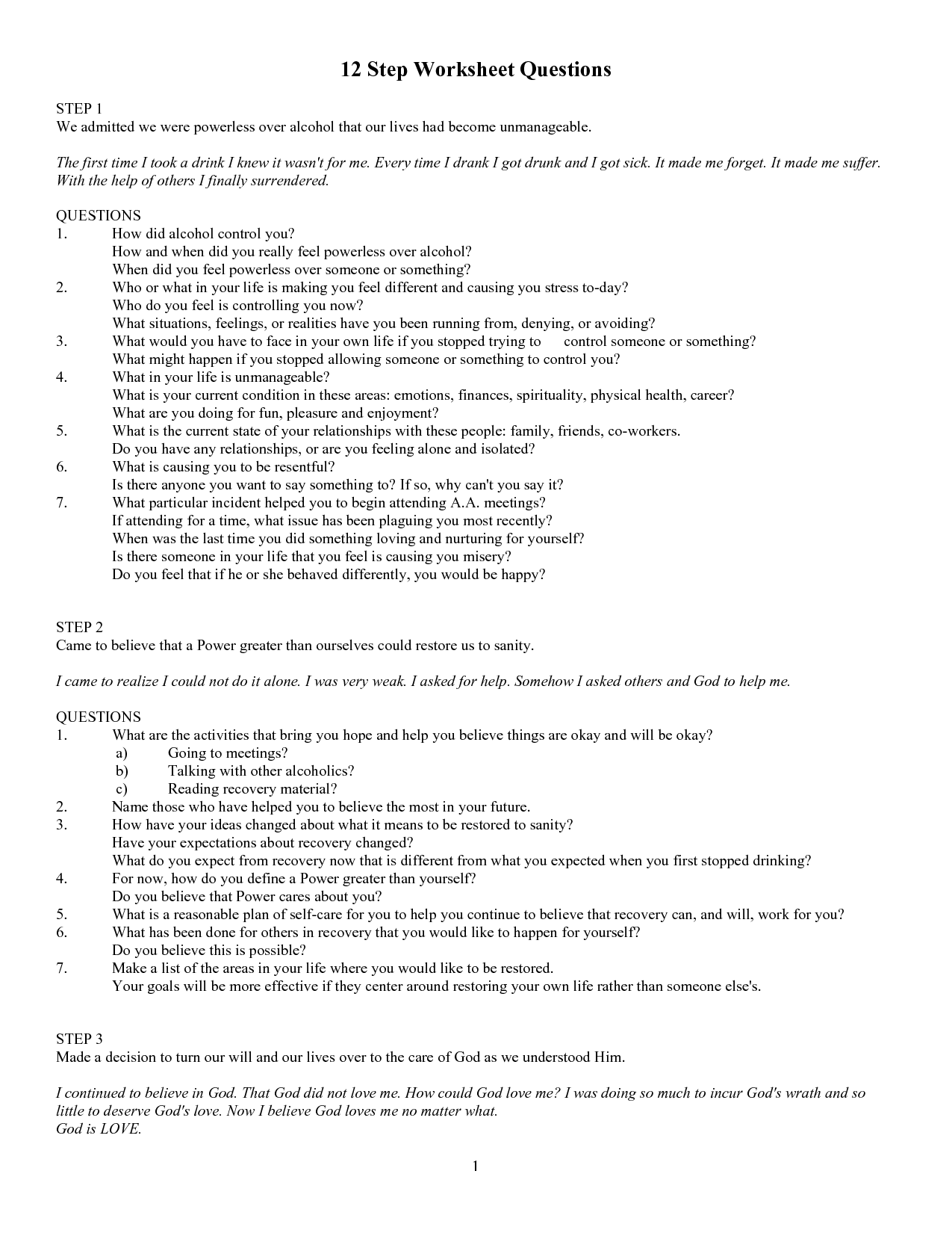 16 12 Step Worksheets Printable