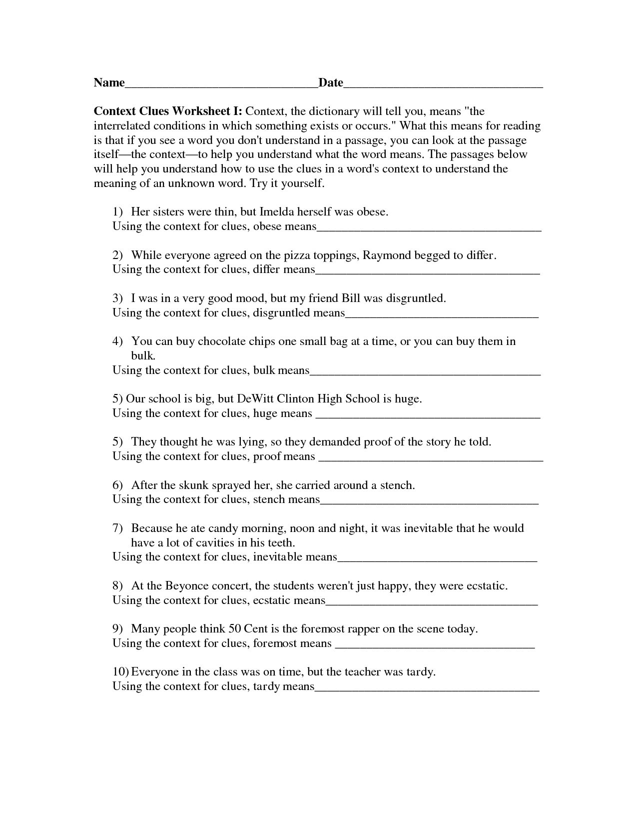 Printable Context Clues Worksheets Image