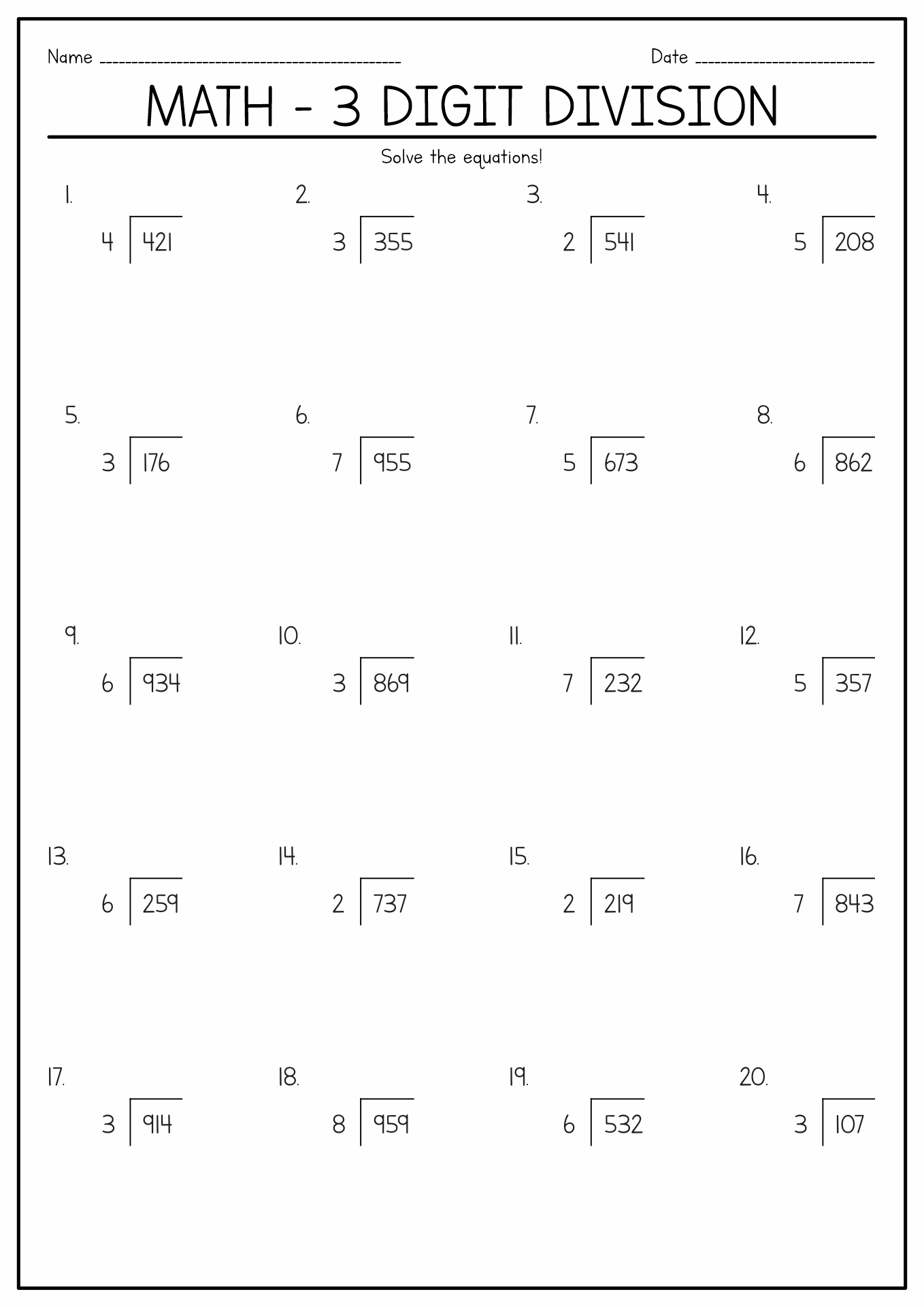 Printable Division Worksheets 4th Grade Math