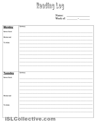 Reading Log with Summary Elementary