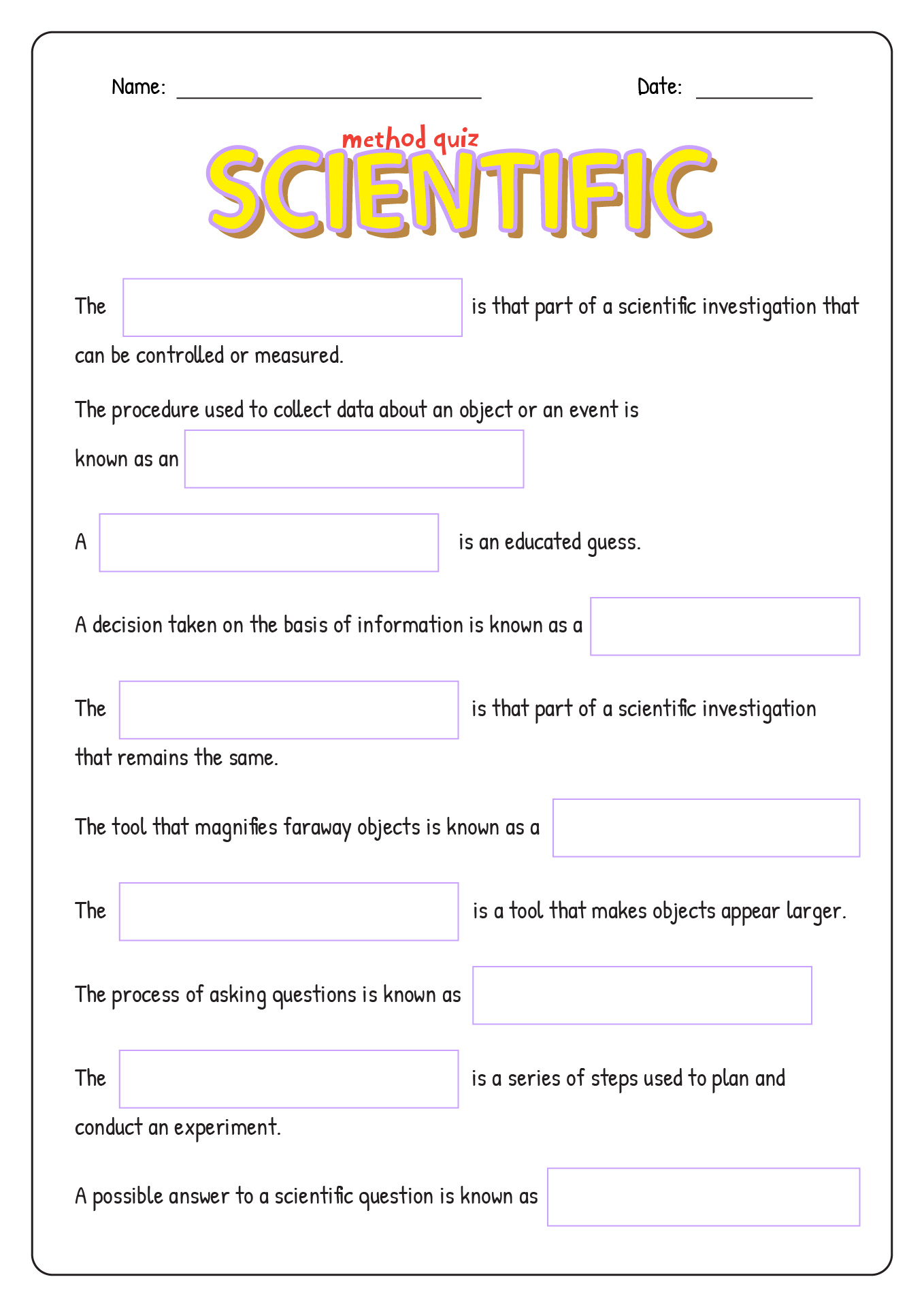 Scientific Method Quiz Worksheet