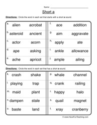 Short Vowel Sounds Worksheets