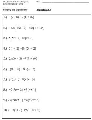 Simplifying Expressions Worksheets 6th Grade