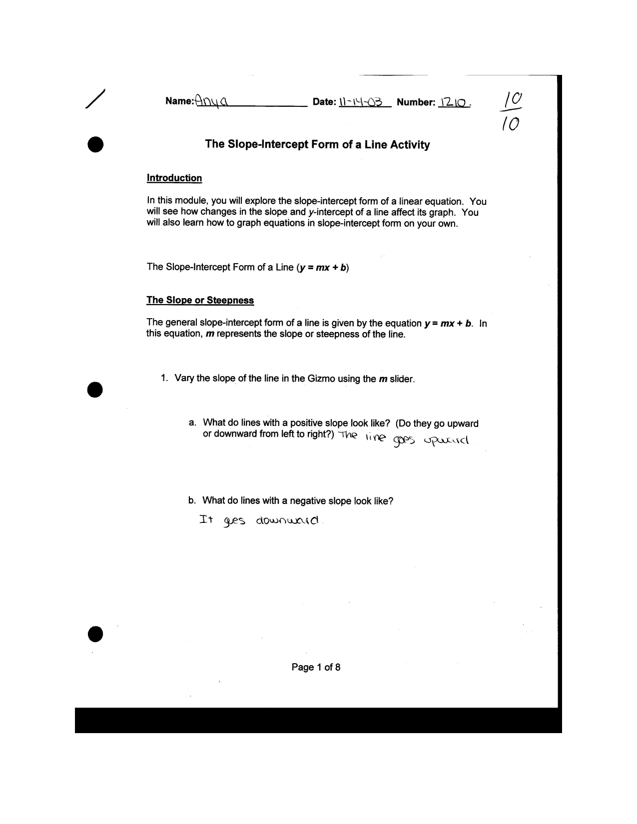 Slope-Intercept Form Worksheet Image