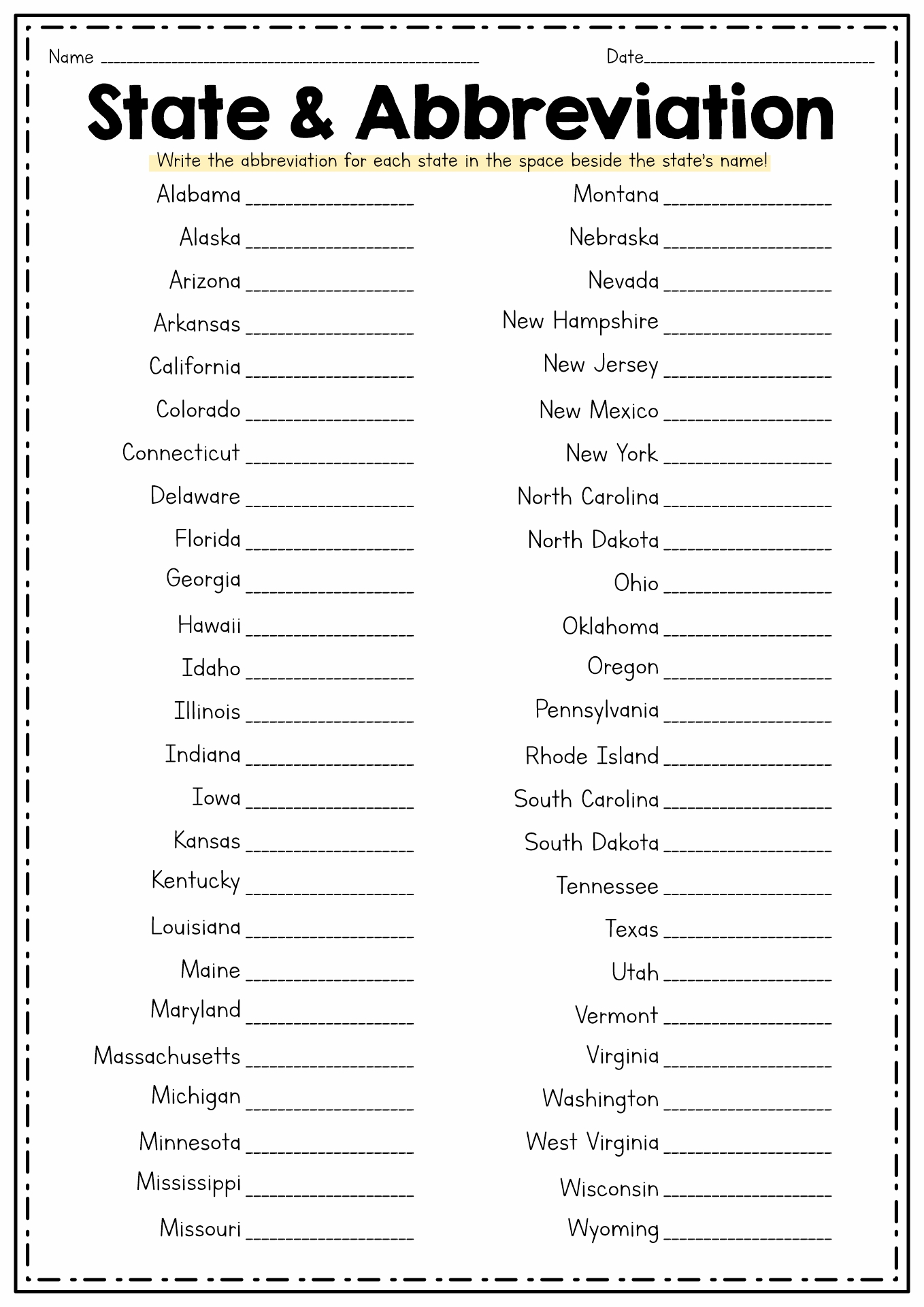 State Abbreviations Worksheet