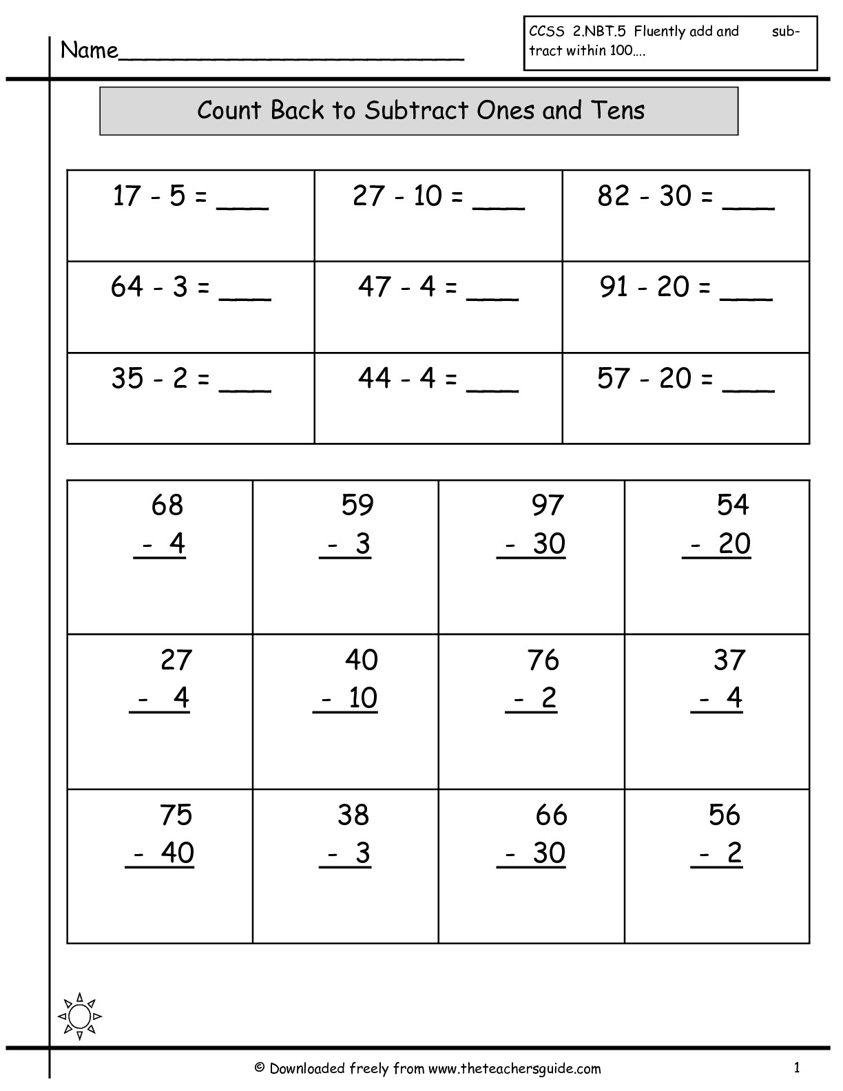Subtracting Tens and Ones Worksheets Image