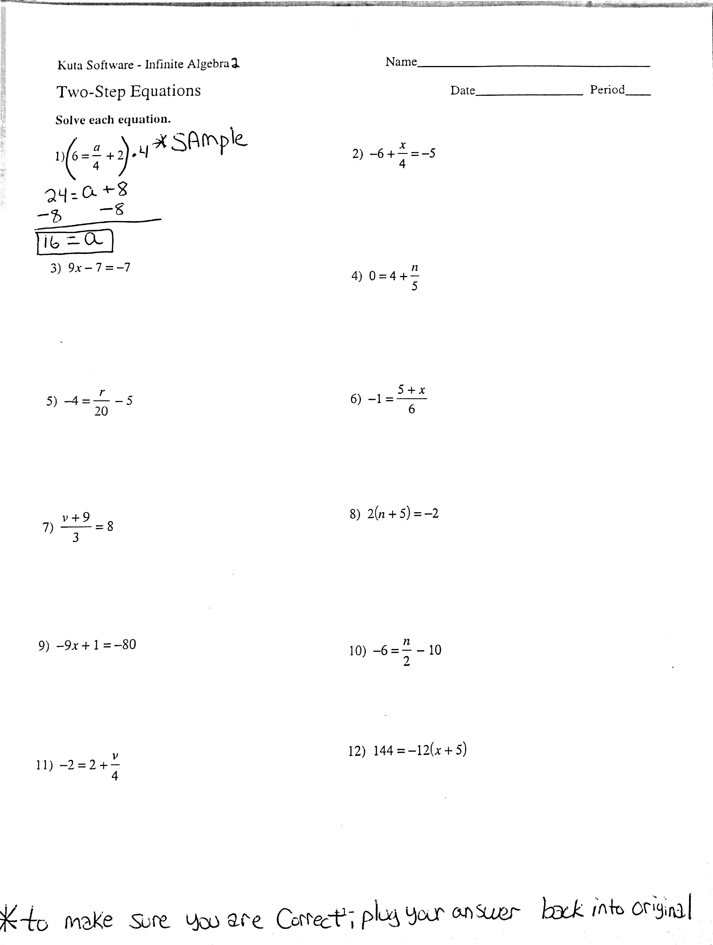 algebra 1 assignment solve each equation