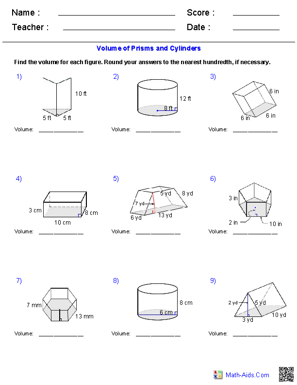 Volume Prisms and Cylinders Worksheets Image